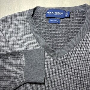 Polo Golf Ralph Lauren Mens Large Grey Check V-Neck 100% Cotton Knit Sweater